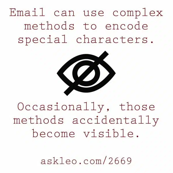 Email can use complex methods to encode special characters. Occasionally, those methods accidentally become visible. 