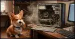 An open desktop computer overflowing with dust, and a Corgi nearby covering his nose in disgust.