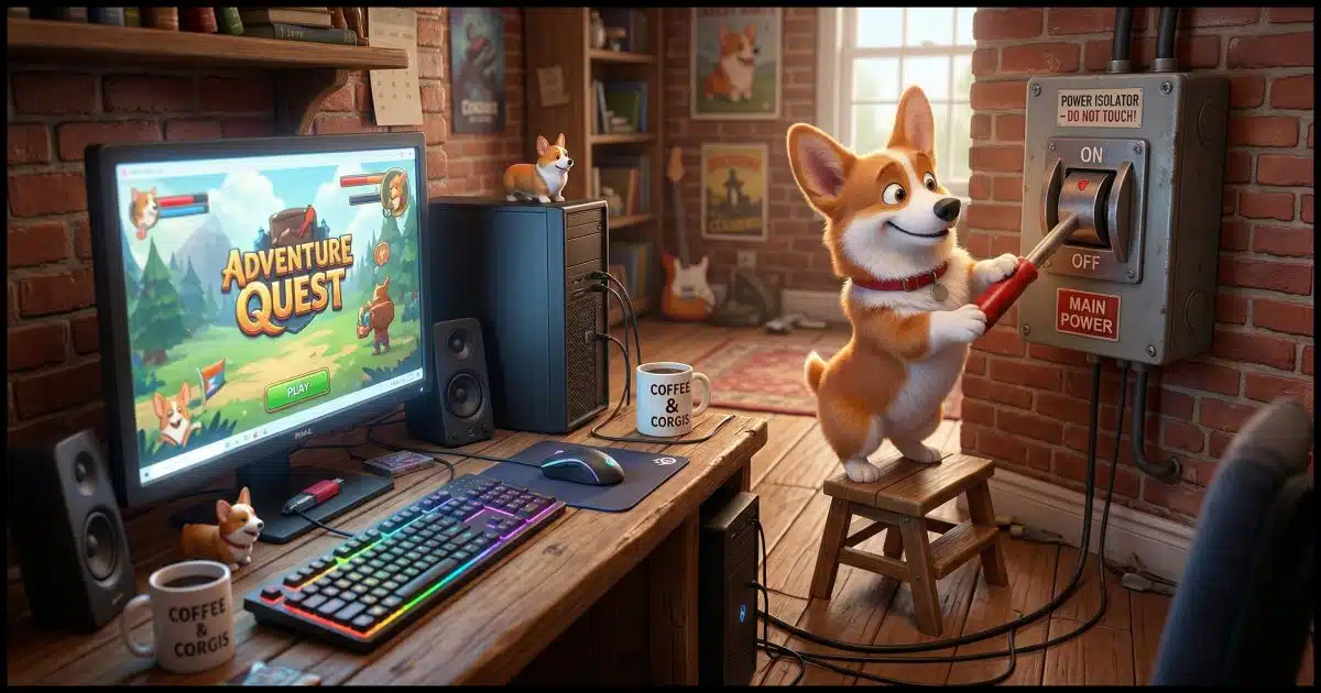  a desktop computer on a table and in the background a Corgi is about to pull a large on/off lever to remove power