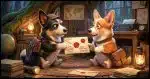 one corgi handing a sealed envelope containing obviously secret information to another corgi