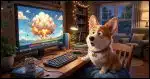 A Corgi with a surprised look on their face watching a computer screen where a cloud is exploding.