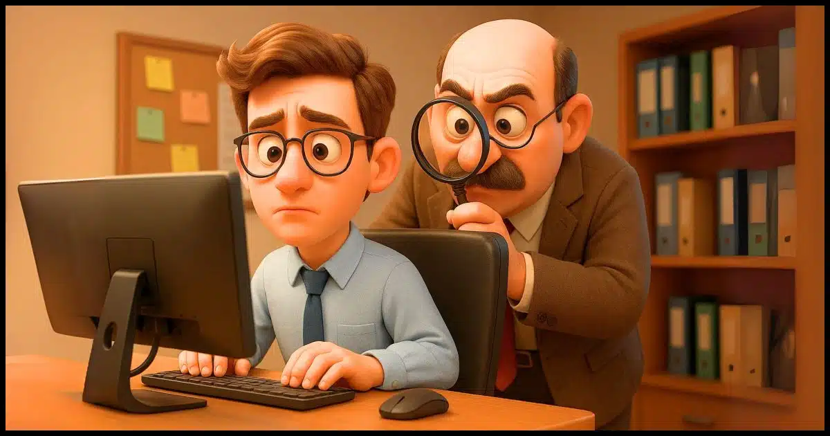 an employee working at their computer, with their manager peering over their shoulder using a magnifying glass