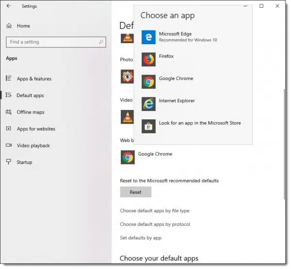 Choosing a new default web browser in Windows 10
