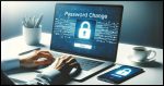 A bright and simple photorealistic image showing a computer screen displaying a password change interface, with a large padlock icon. The background is minimal, with faint outlines of a smartphone and a tablet, emphasizing multiple access points. A person’s hand is seen typing on the keyboard, indicating action being taken to secure the account.