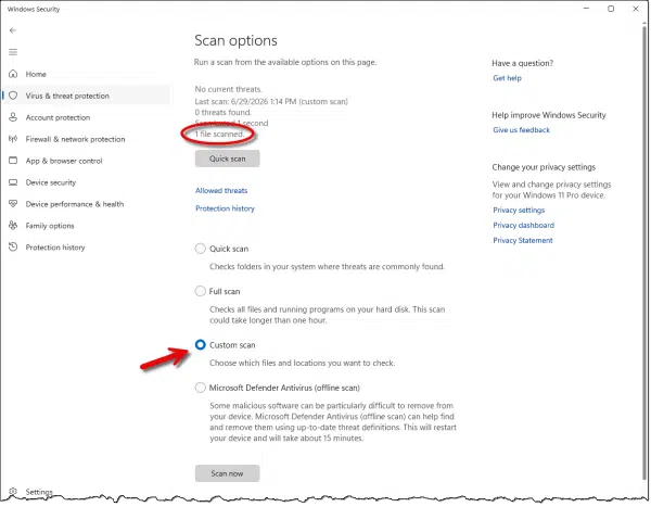 Custom scan in Windows Security