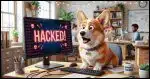 A surprised Corgi looking at a Windows computer screen that says "HACKED!". The setting is a bright small business office.