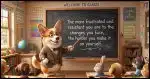 A corgi teacher pointing to a classroom blackboard which has written on it: The more frustrated and resistant you are to the changes you face, the harder you make it on yourself.