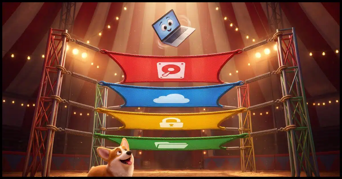 A laptop tumbles playfully through the air above three or four colorful safety nets stacked one below the other, each labeled with a simple icon: a hard drive, a cloud, a padlock, a folder. Bright primary colors, circus-tent stripes in the background. A Corgi looks on from below.