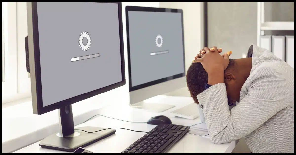 Computer screens showing progress bar, and a frustrated user.