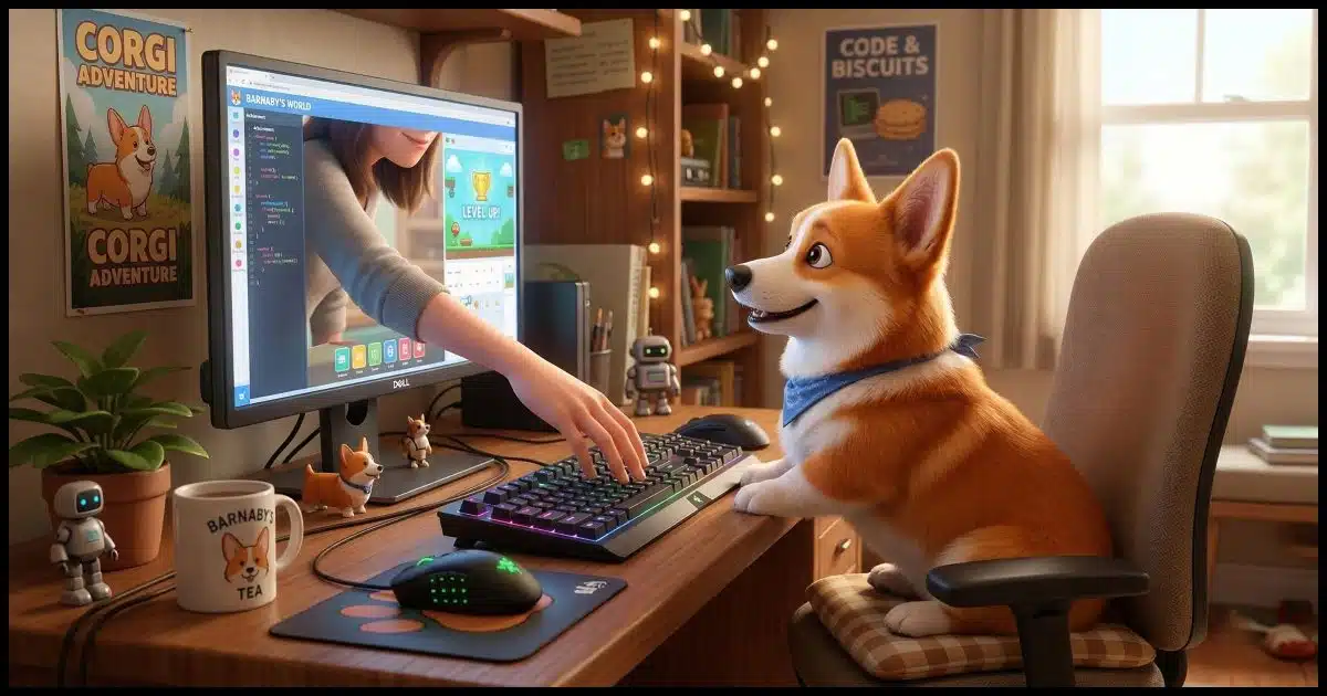 a Corgi sitting at a desktop computer which has a human hand reaching out of its screen reaching for the keyboard.