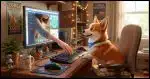 a Corgi sitting at a desktop computer which has a human hand reaching out of its screen reaching for the keyboard.