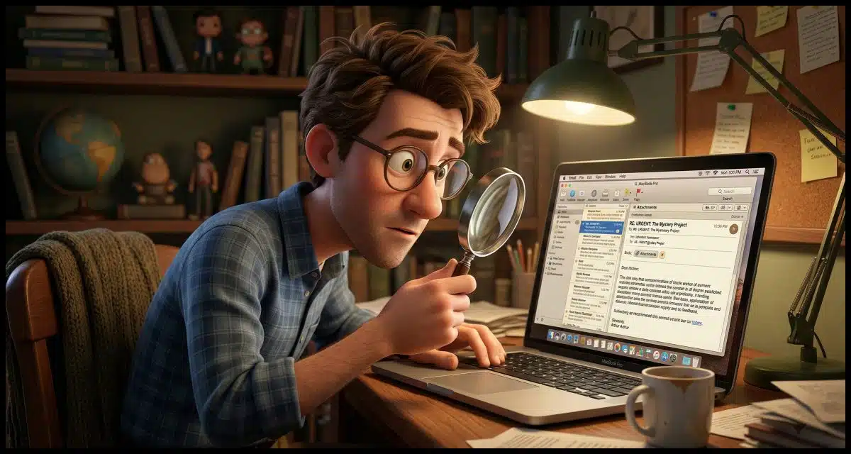 an individual examining an email message with a magnifying glass