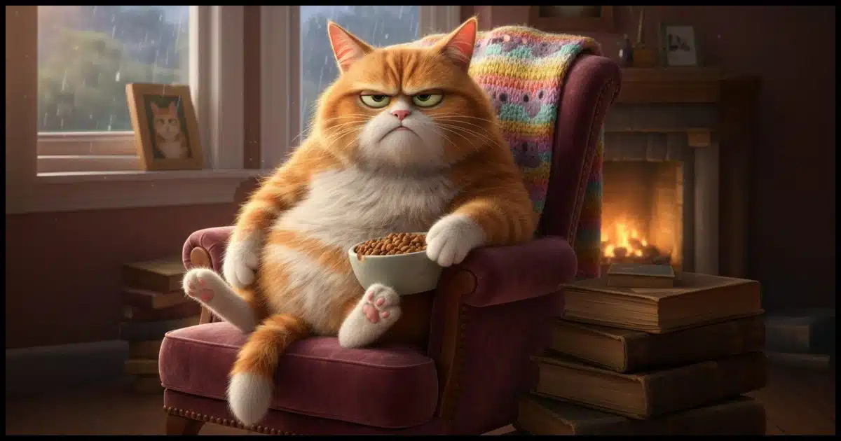A grumpy looking cat sitting on a chair in front of a fireplace.