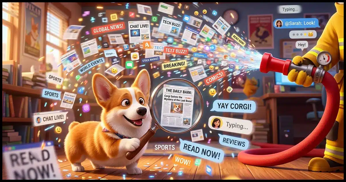 A bright red fire hose blasting a spray of tiny floating web pages, headlines, and chat bubbles. In the foreground, a Corgi holds a magnifying glass over one page, which appears sharp and clear while the rest blur.
