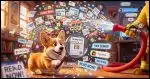 A bright red fire hose blasting a spray of tiny floating web pages, headlines, and chat bubbles. In the foreground, a Corgi holds a magnifying glass over one page, which appears sharp and clear while the rest blur.