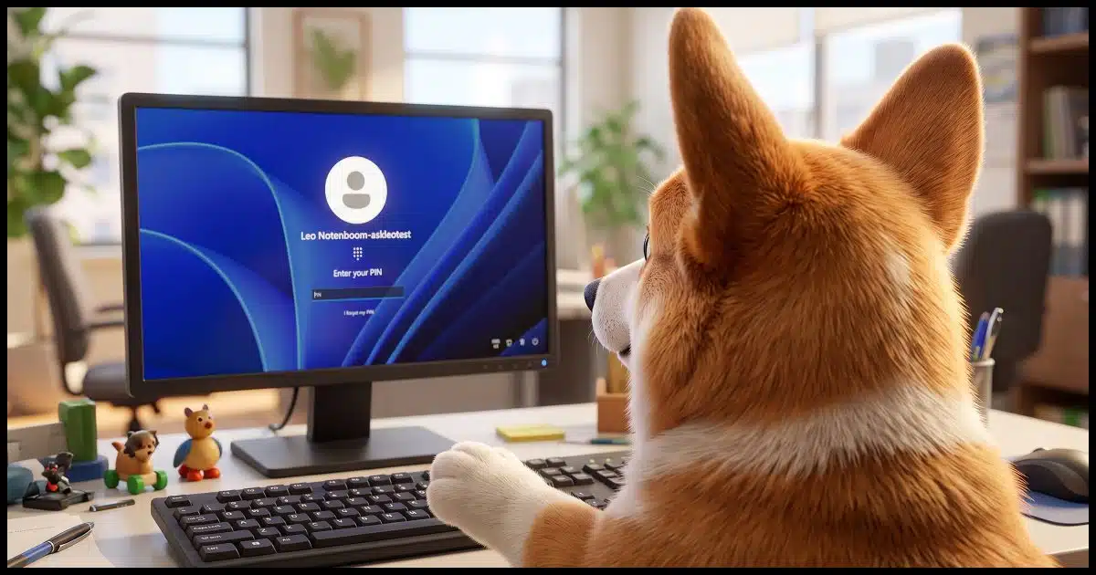 An over-the-shoulder close-up of a Corgi looking at a Windows PC screen displaying a PIN sign-in request. His paw hovers over the numeric pad on the keyboard. It's a bright office environment.