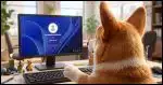 An over-the-shoulder close-up of a Corgi looking at a Windows PC screen displaying a PIN sign-in request. His paw hovers over the numeric pad on the keyboard. It's a bright office environment.