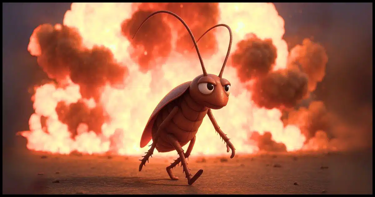 A cockroach surviving an explosion.