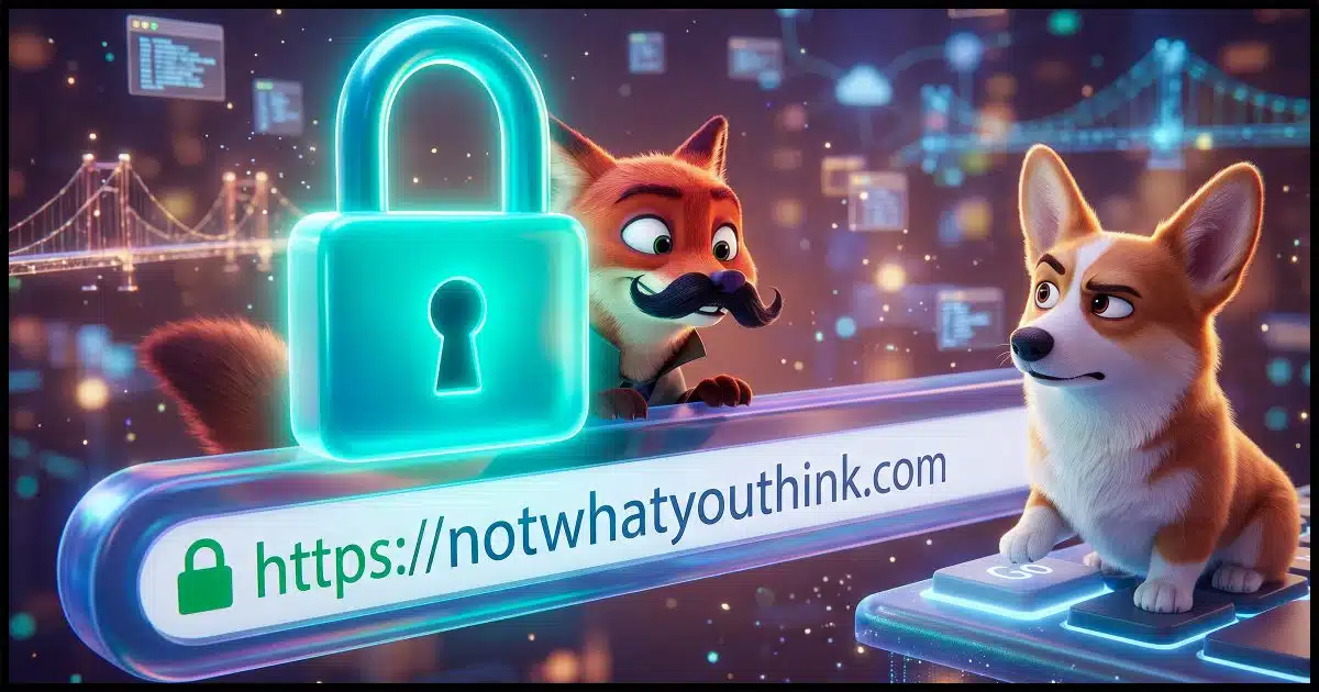 A big, glossy padlock in bright teal glowing over a browser address bar, with a fox in a fake mustache peeking out from behind it. A Corgi looks on skeptically.