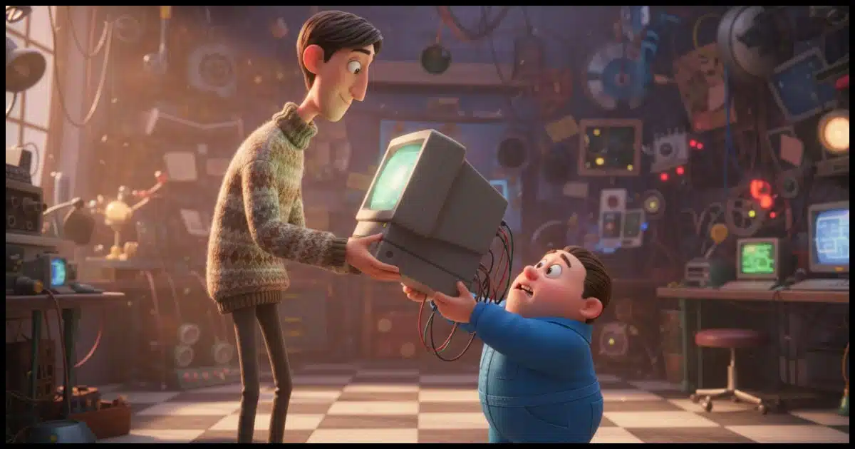 one person handing a desktop computer to another person