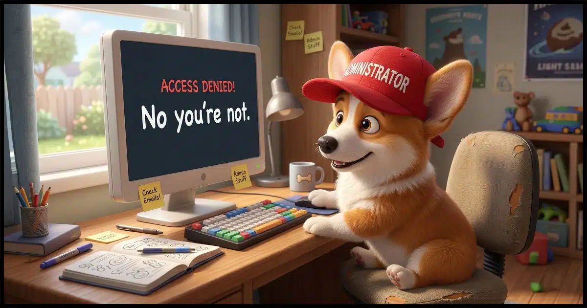 a Corgi wearing a baseball cap labeled "Administrator" in front of a computer screen saying "No you're not"