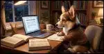 a Corgi studying English at his desk. A dictionary and a thesaurus are open along side his laptop which shows "English assignment"