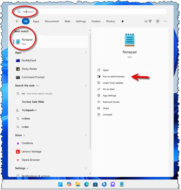 Notepad run as administrator option in search.