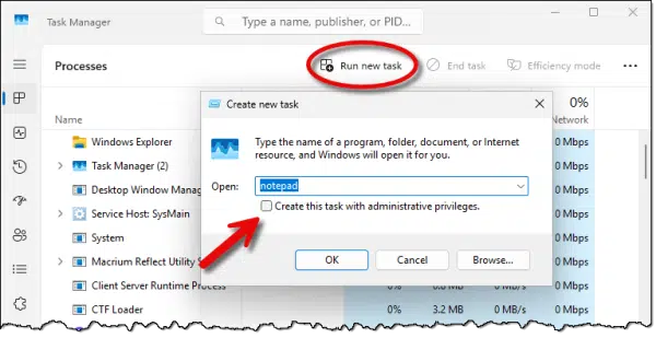 Using Task Manager to run Notepad.