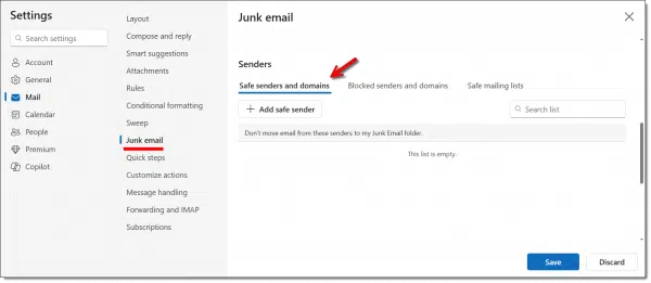 Outlook.com Safe Senders list.