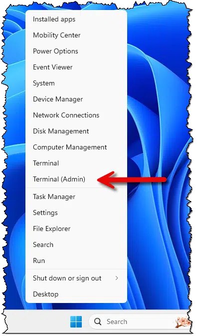 Terminal (Admin) in the alternate Start menu.