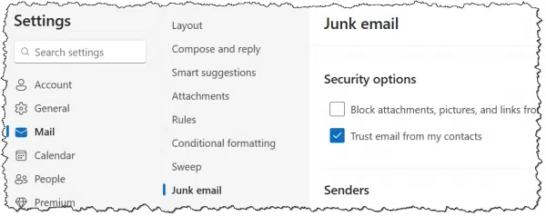 Telling outlook.com your contacts can be trusted.