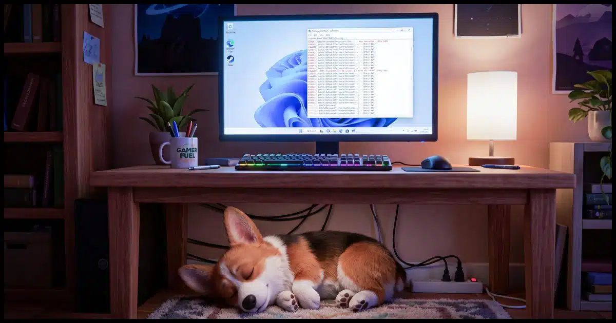 A closeup of Windows 11 desktop computer displaying a scrolling list of registry errors. Underneath the desk a Corgi lies sleeping.