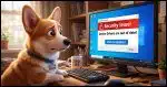 A Corgi looking concerned at a Windows PC computer screen with a larger error message saying "Security Issue! Device Drivers are out of date! Click to Update!"