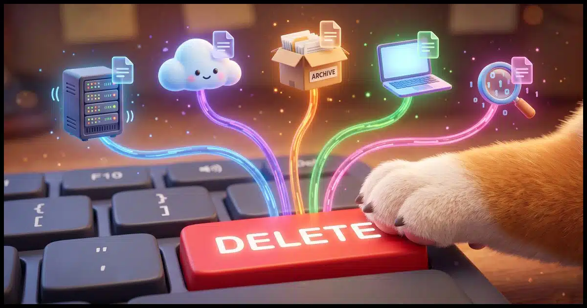 A close-up of a Corgi's paw pressing a bright red Delete key. Behind the keyboard, colorful threads fan out to small icons: a server rack, a cloud, an archive box, a friend's laptop, a magnifying glass. Each icon still holds a tiny copy of the same document. 