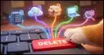 A close-up of a Corgi's paw pressing a bright red Delete key. Behind the keyboard, colorful threads fan out to small icons: a server rack, a cloud, an archive box, a friend's laptop, a magnifying glass. Each icon still holds a tiny copy of the same document.