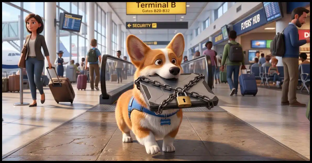 A Corgi carrying a laptop wrapped in chains with a padlock through an airport.