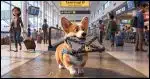 A Corgi carrying a laptop wrapped in chains with a padlock through an airport.