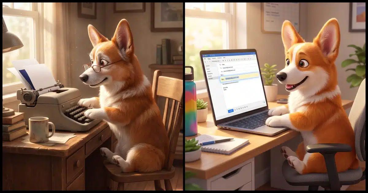 A split image: on the left, an older Corgi typing at a vintage typewriter with a two sheets of paper with a sheet of blue carbon paper peeking out; on the right, a younger Corgi typing into a modern laptop showing an email window with the Bcc field highlighted. 
