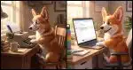 A split image: on the left, an older Corgi typing at a vintage typewriter with a two sheets of paper with a sheet of blue carbon paper peeking out; on the right, a younger Corgi typing into a modern laptop showing an email window with the Bcc field highlighted.