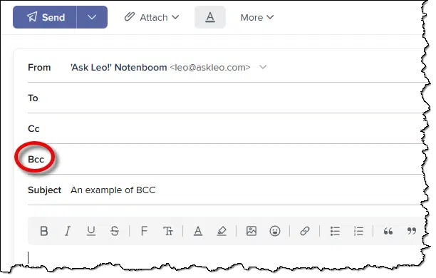 BCC field displayed in an email program.