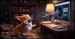 Corgi showing fear in front of a computer screen which has a hand coming out of it as if asking for money.