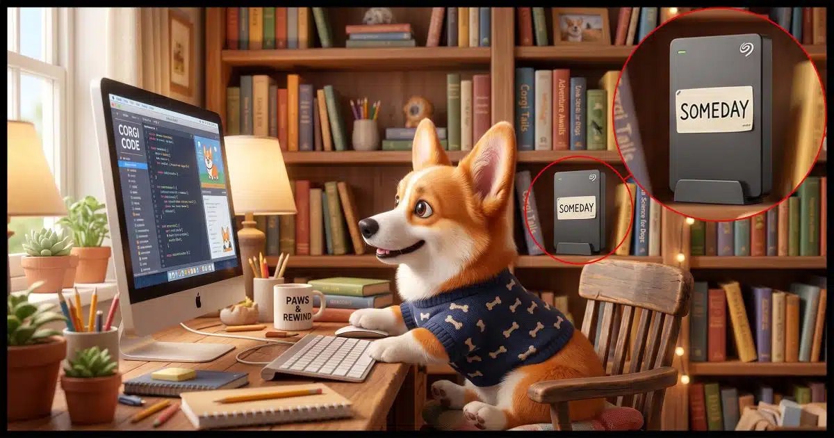 A Corgi using a computer. Behind him on a bookshelf is an external hard drive, not connected, with the label "Someday".