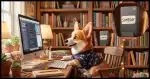 A Corgi using a computer. Behind him on a bookshelf is an external hard drive, not connected, with the label "Someday".