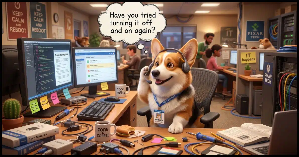 A Corgi in tech support sitting behind a desk cluttered with computer parephenalia answering the phone with a thought bubble above that says "Have you tried turning it off and on again?"