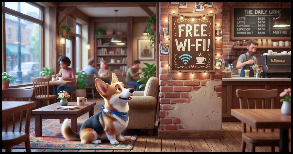 A Corgi in a coffee shop looking at the sign on the wall that says "Free Wi-Fi!"