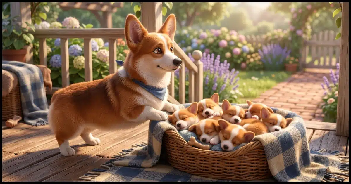 A Corgi mom protecting a basket full of Corgi puppies.