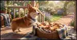 A Corgi mom protecting a basket full of Corgi puppies.