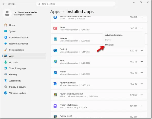 Uninstall apps screen in Windows 11.