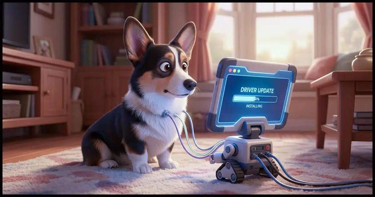 A Corgi taking a driver update