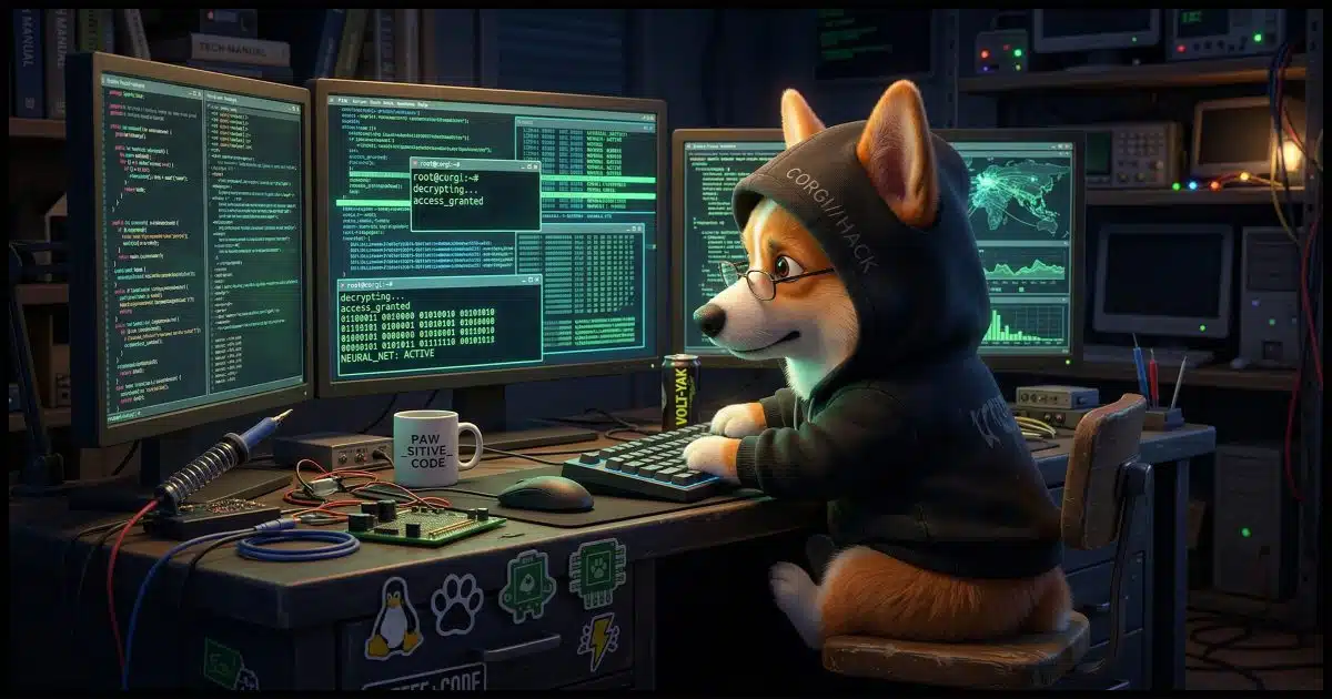 A Corgi at a computer wearing a hoodie as a stereotypical hacker.